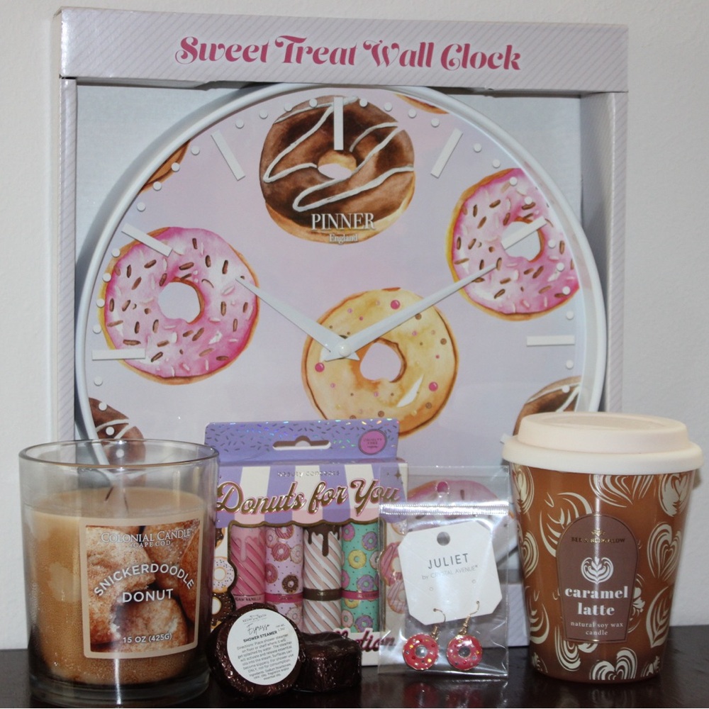 Coffee & Donuts 6 Piece Bundle Candles Clock Lip Balms Shower Steamers NWT